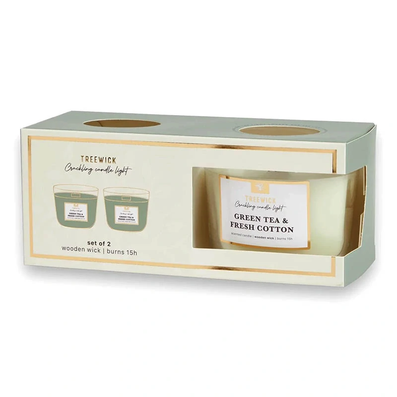 TREWICK SADA VONNÝCH SVIEČOK GREEN TEA & FRESH COTTON – 2 KS, DREVENÝ KNOT, 15 H