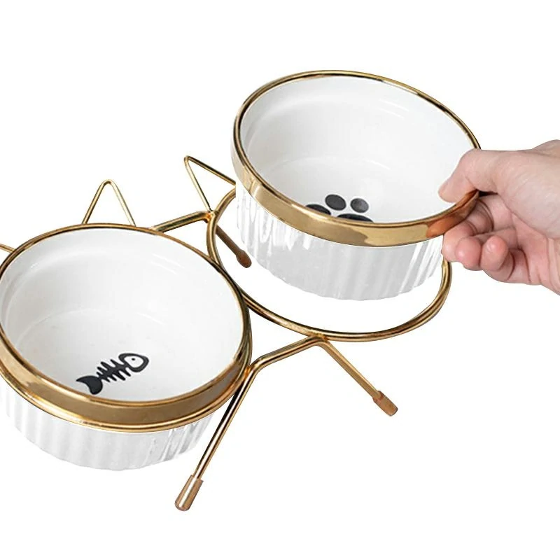 Keramické misky pre mačku alebo malého psa na stojane – 2× 300 ml bielo-zlaté