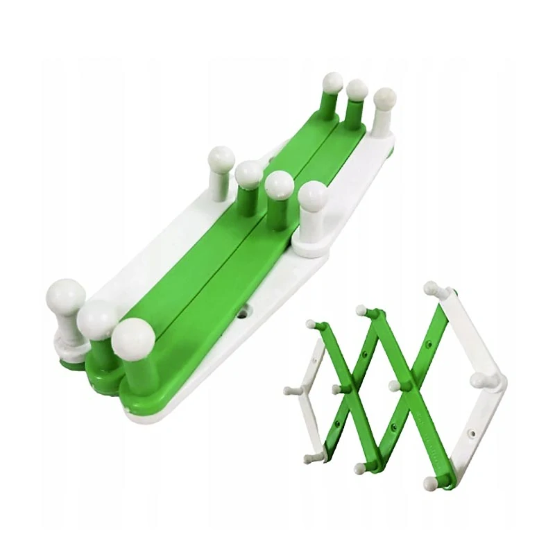 Skladací nástenný vešiak harmonika 18 cm bielo-zelený, rozsah 10 – 45 cm, 10 háčikov