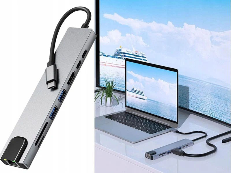 USB-C hub 8 v 1 s HDMI, RJ45 a čítačkou kariet