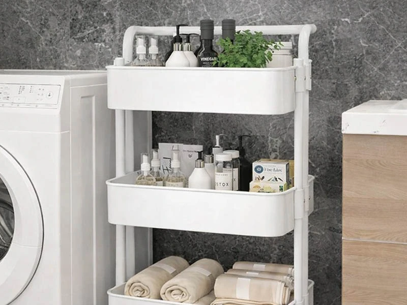 Kuchynský a kúpeľňový regál na kolieskach 3-úrovňový 76 cm biely