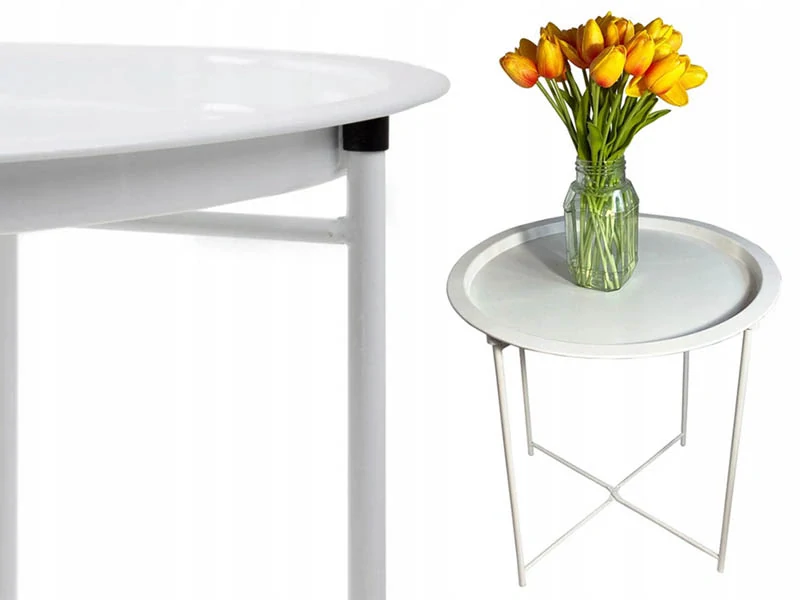 Okrúhly kovový konferenčný stolík s odnímateľnou táckou biely