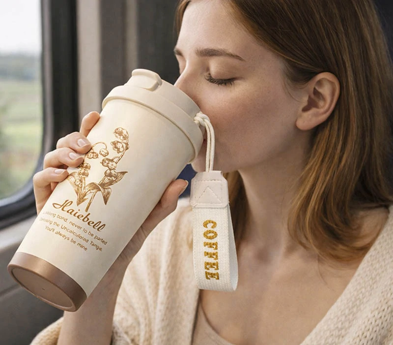 Termohrnček 530 ml so slamkou béžový