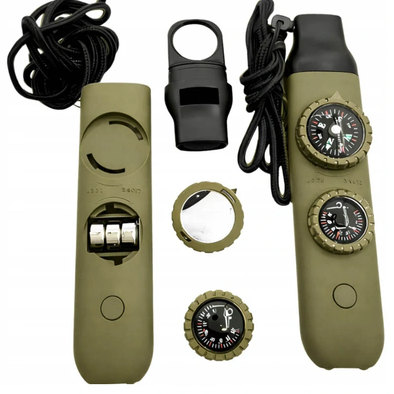 Píšťalka s kompasom, baterkou, lupou a teplomerom zelená