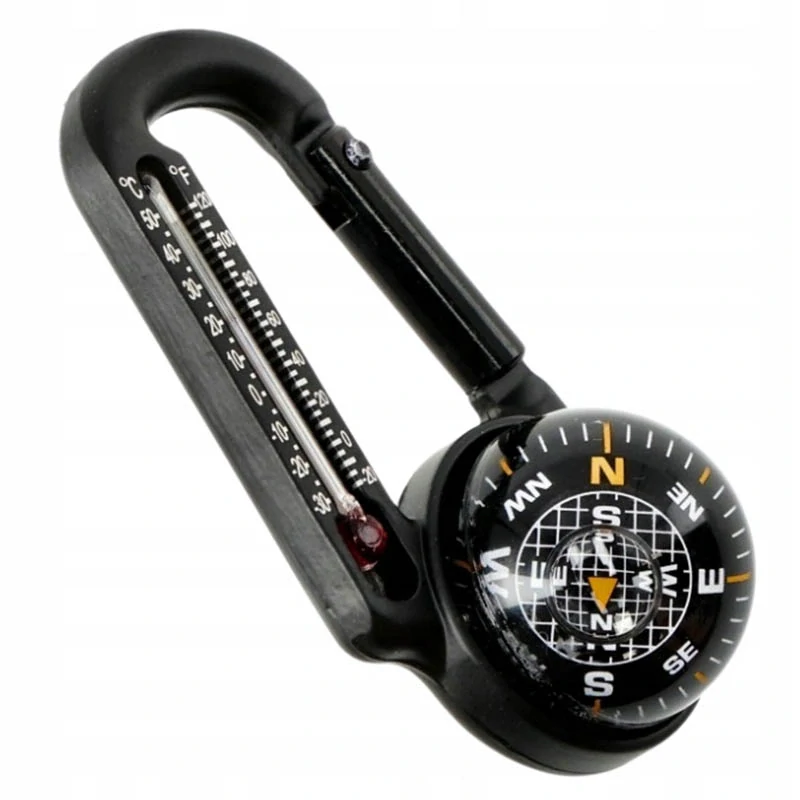 Kompas s karabínou a teplomerom