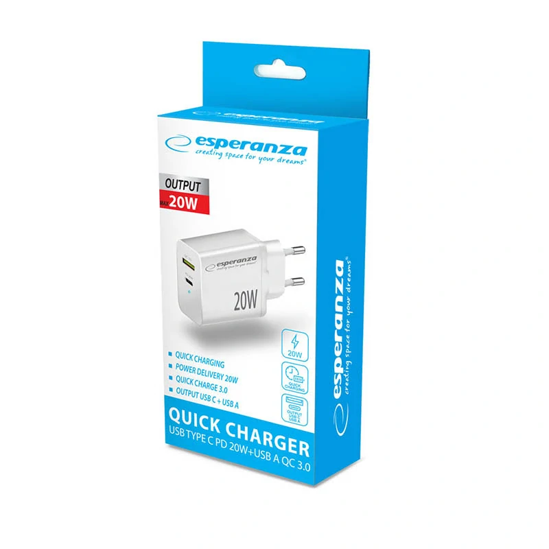 Sieťová nabíjačka 20 W Esperanza USB-C PD a USB-A QC 3.0 biela