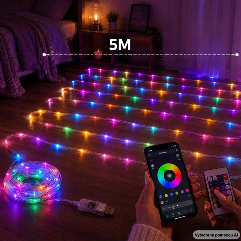 RGB LED svetelná reťaz 10 m USB s diaľkovým ovládaním, aplikáciou a Music Sync