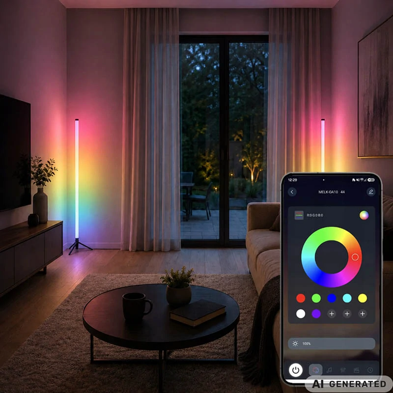 Rohová stojaca RGB LED lampa 114 cm s aplikáciou a diaľkovým ovládaním