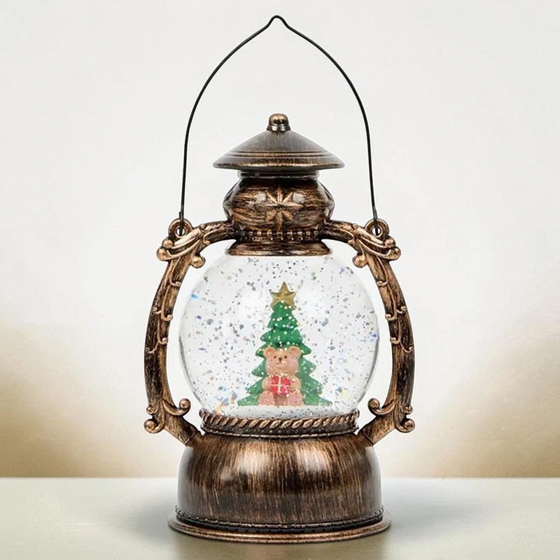 Vianočný LED lampáš so snehovou guľou – medvedík a stromček 20 cm