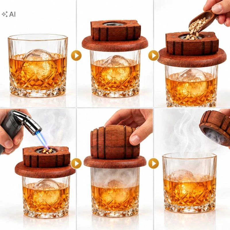 Sada na aromatizovanie whisky dymom s horákom pohármi a 6 druhmi dreva