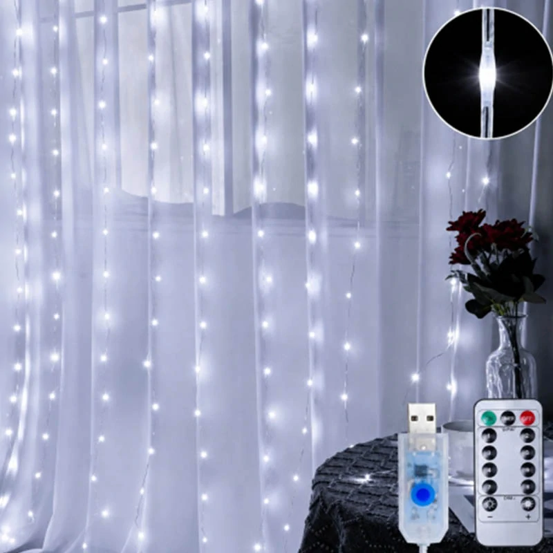 LED svetelný záves 3 × 3 m 300 LED studená biela s diaľkovým ovládaním