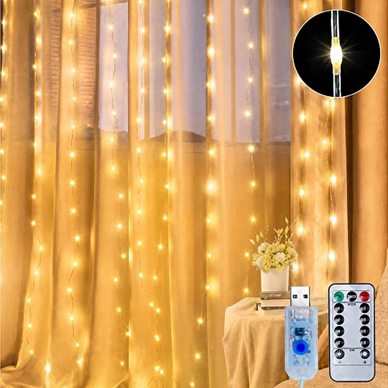 LED svetelný záves 3 × 3 m 300 LED teplá biela s diaľkovým ovládaním