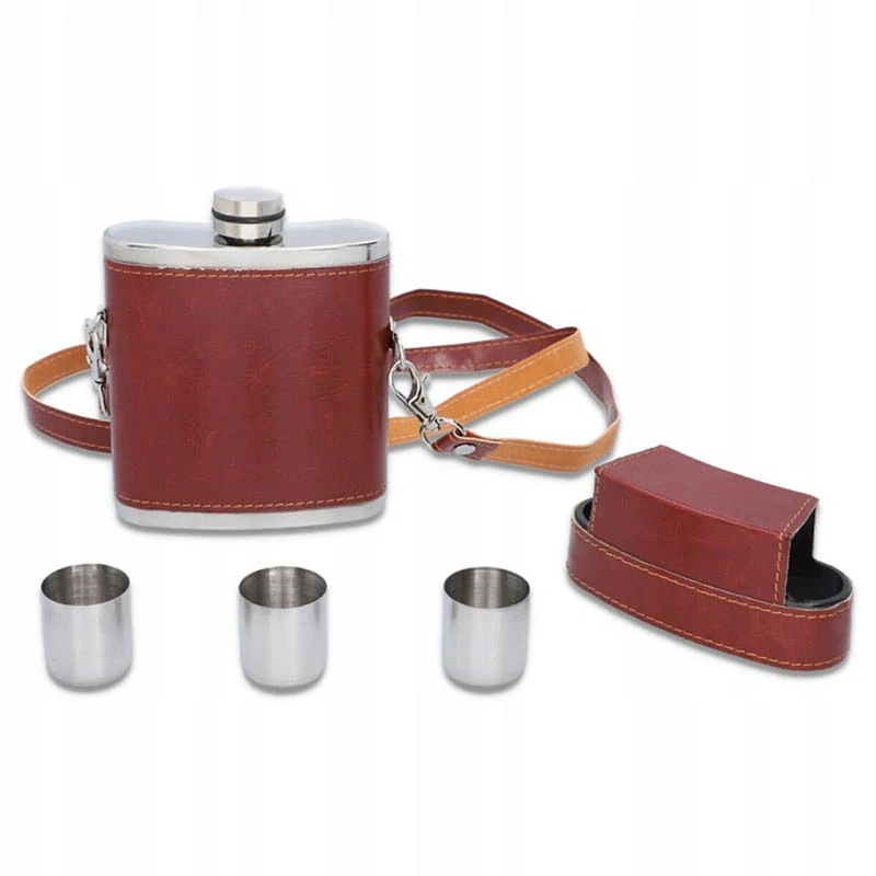 Ploskačka nerezová 240ml kožená s pohárikmi