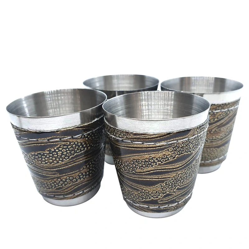 Kovové turistické poháriky 30ml s koženým poťahom