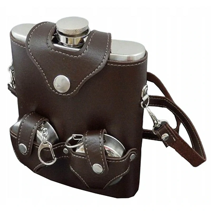 Nerezová ploskačka 450ml s pohárikmi v koženom púzdre