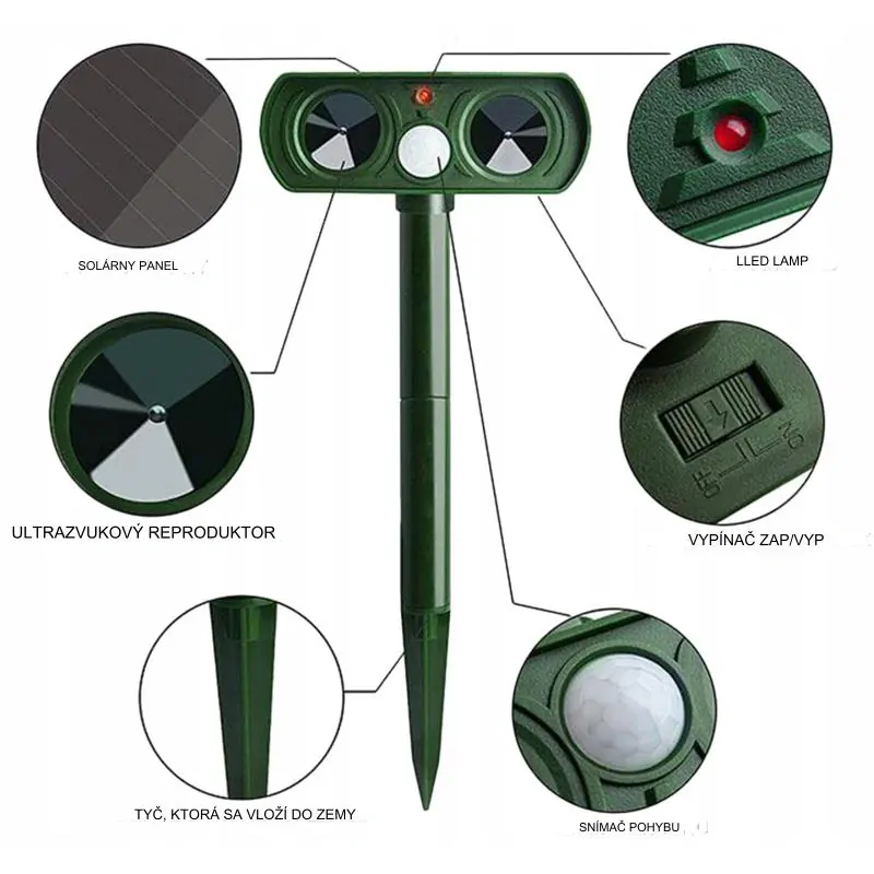 Solárny ultrazvukový plašič zvierat