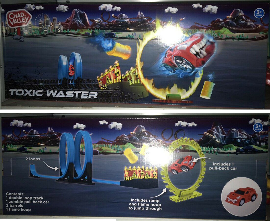 Pretekárska dráha Toxic Waster s dvojitým loopingom a autíčkom – modrá, 61 × 23 × 6 cm