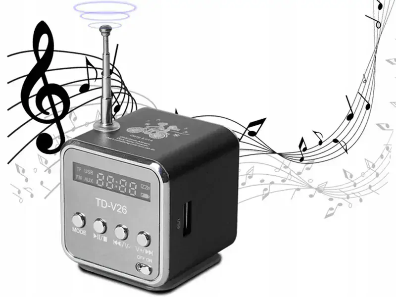 Bezdrôtové prenosné mini FM LED rádio TD-V26 čierne