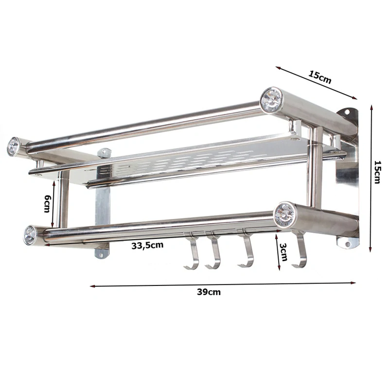 Nástenná polička do kúpeľne hliníková so závesnou tyčou a háčikmi strieborná