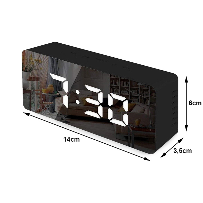 Budík s teplomerom a zrkadlom LED čierny 4v1