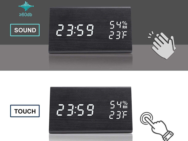 Budík s meteostanicou reagujúci na zvuk