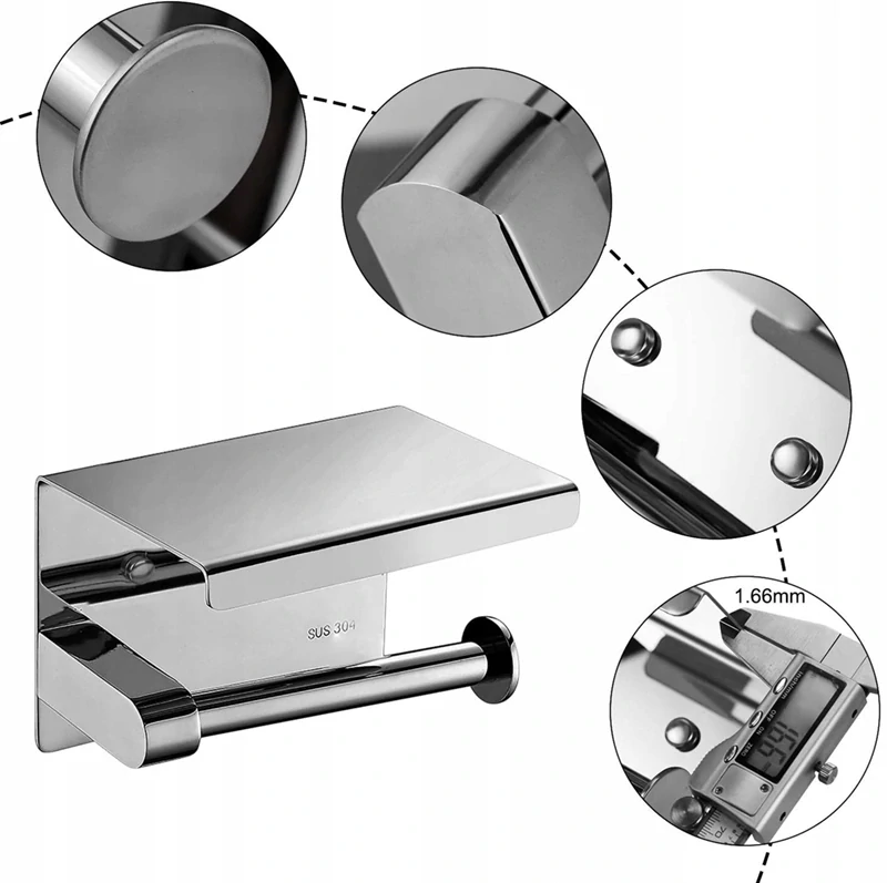 Držiak na toaletný papier s poličkou kovový strieborný