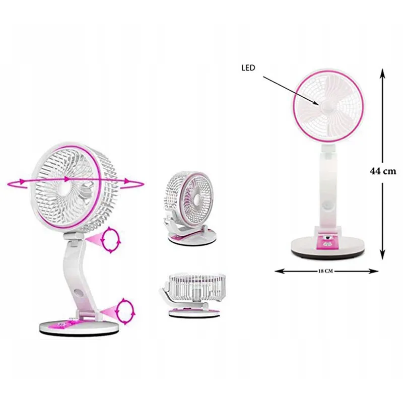 Bezdrôtový skladací ventilátor s LED lampou ružový