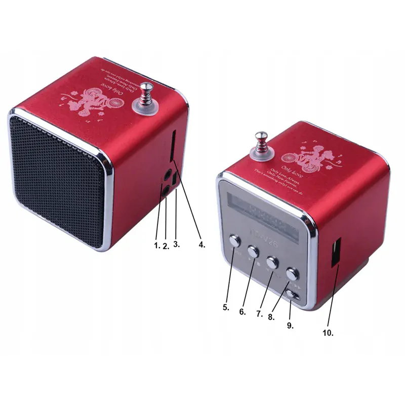 Bezdrôtové prenosné mini FM LED rádio TD-V26 červené