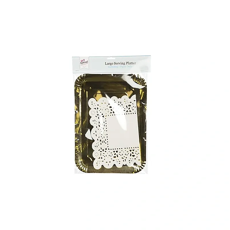 Zlatá servírovacia tácka s papierovou čipkou 38 x 28 cm