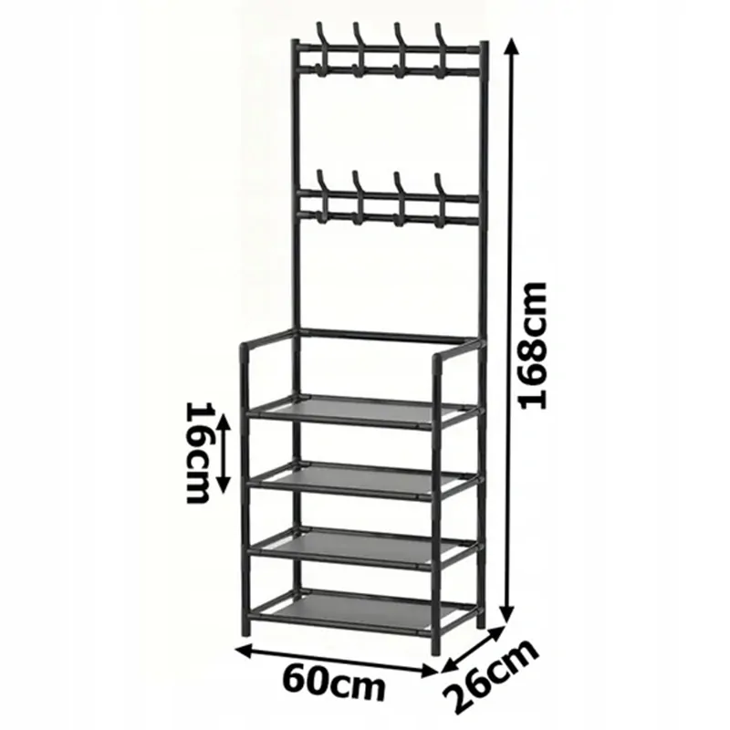 Kovový regál na topánky s vešiakmi čierny 168 x 60 x 26cm