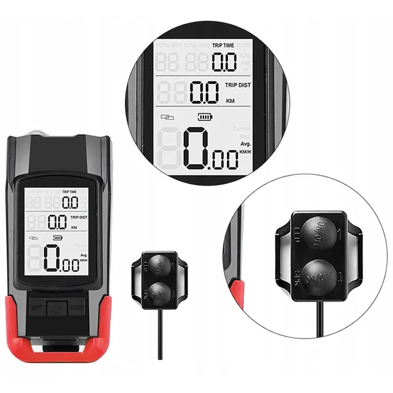 Cyklistická sada - predné a zadné svetlo, zvonček, cyklopočítač červené