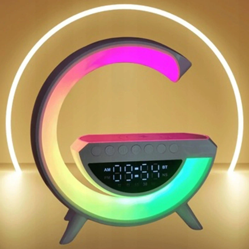 Indukčná nabíjačka s lampou, hodinami a bluetooth reproduktorom