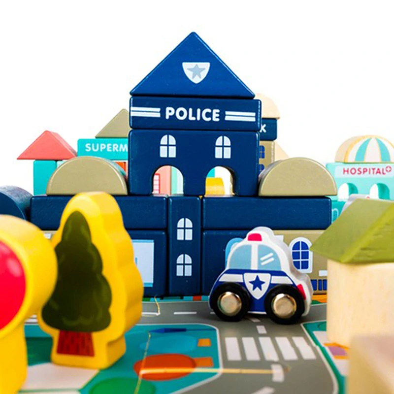 Detské drevené kocky Mesto 115 dielov s puzzle podložkou