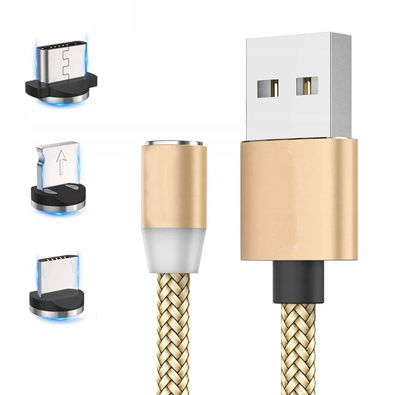 Magnetický kábel USB 3v1 iPhone, Micro USB, USB C 1m zlatý