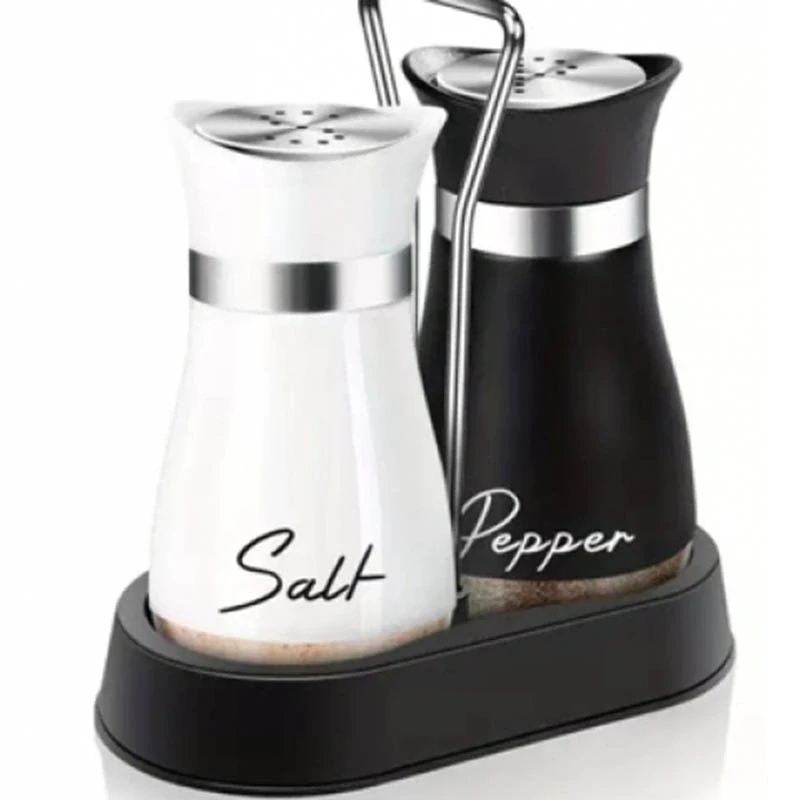 Sklenená solnička s koreničkou na stojane