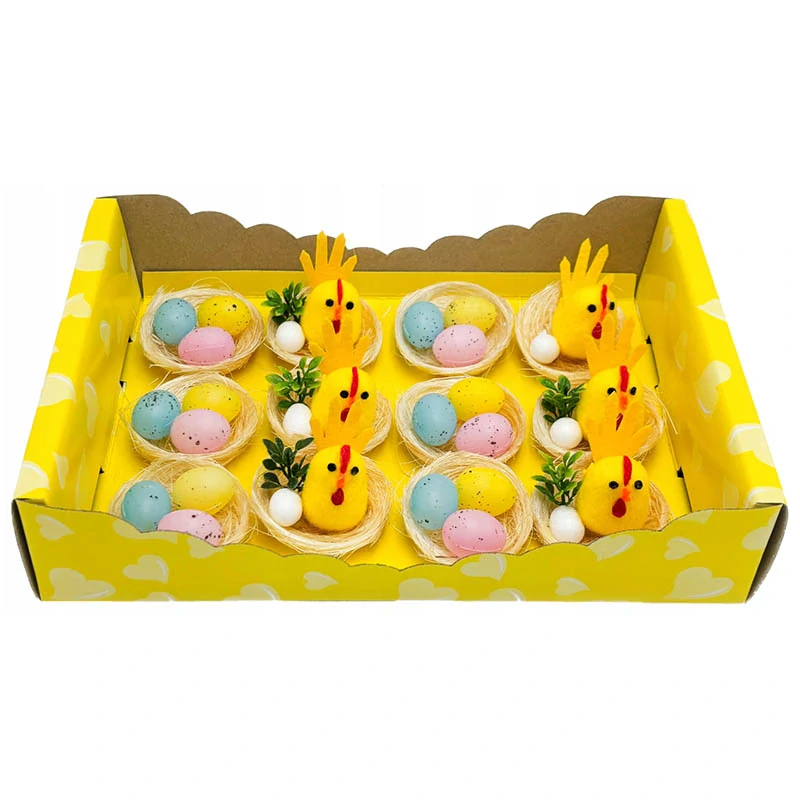 Veľkonočné dekoračné kuriatko a vajíčka v hniezde  - 12ks