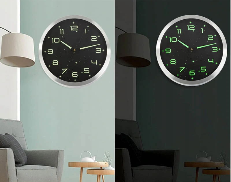 Fluorescenčné nástenné hodiny s tichým chodom 25cm