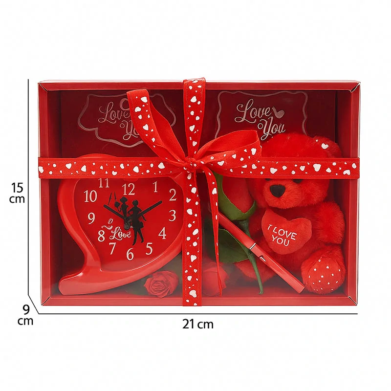 Valentínsky darčekový set s medvedíkom, ružou a hodinkami – 21 x 15 x 9 cm