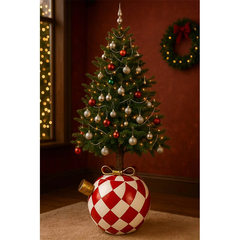 Dekoratívny stojan na vianočný stromček v tvare vianočnej gule – červenobiely: 45 x 40,5 × 42,5 cm