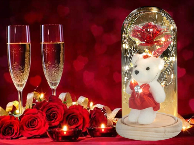 LED ruža v skle svietiaca s medvedíkom