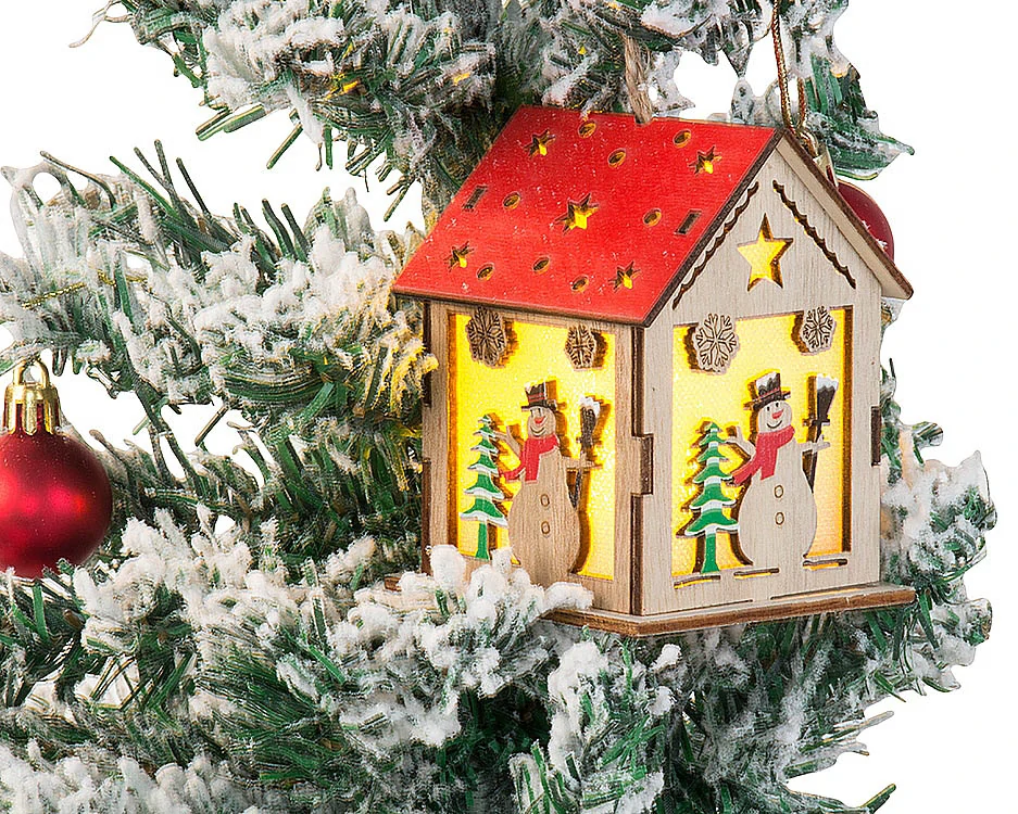 Drevený visiaci LED lampáš na stromček so snehuliakom