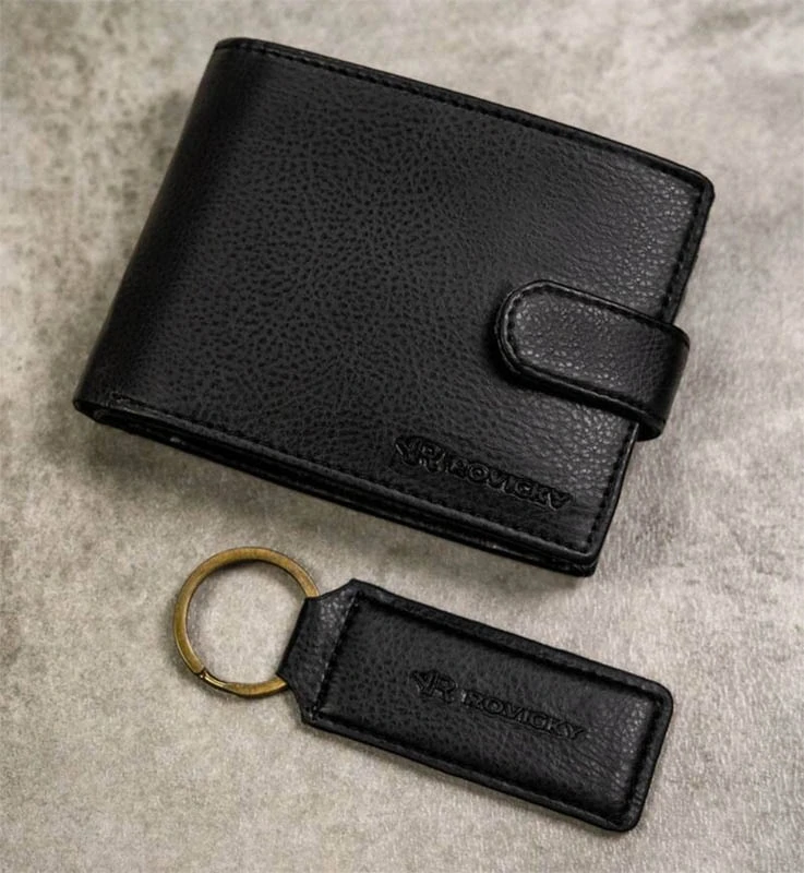 Darčeková sada Rovicky® – pánska peňaženka a kľúčenka z pravej kože - čierna