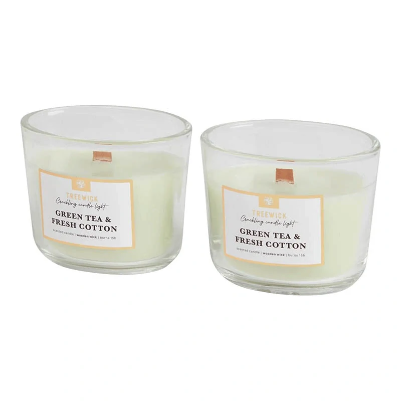 TREWICK SADA VONNÝCH SVIEČOK GREEN TEA & FRESH COTTON – 2 KS, DREVENÝ KNOT, 15 H