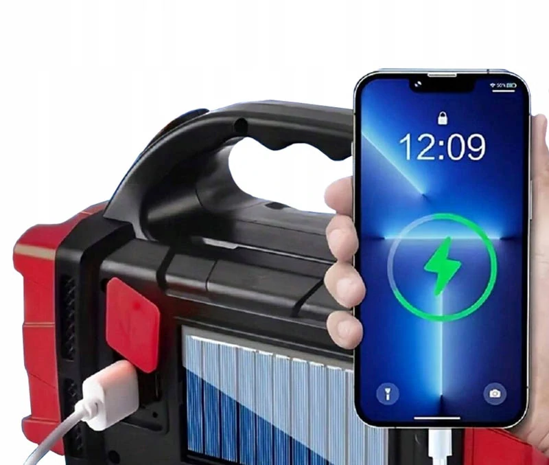 Solárna prenosná LED lampa s powerbankou červená