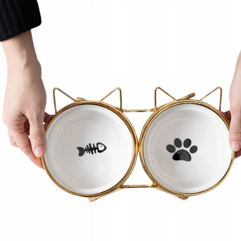 Keramické misky pre mačku alebo malého psa na stojane – 2× 300 ml ružovo-zlaté