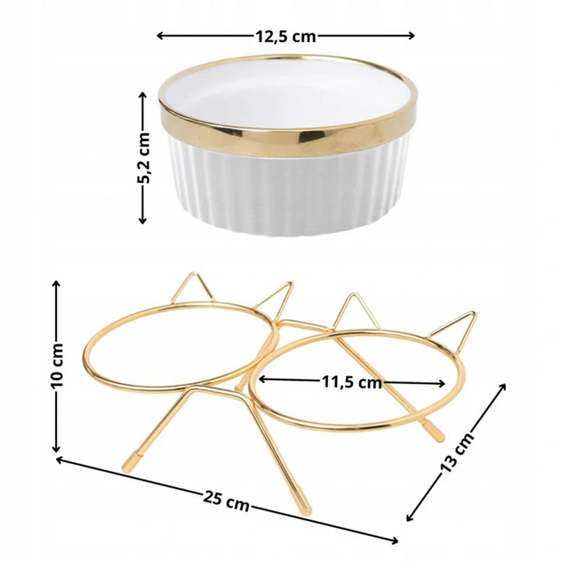 Keramické misky pre mačku alebo malého psa na stojane – 2× 300 ml bielo-zlaté