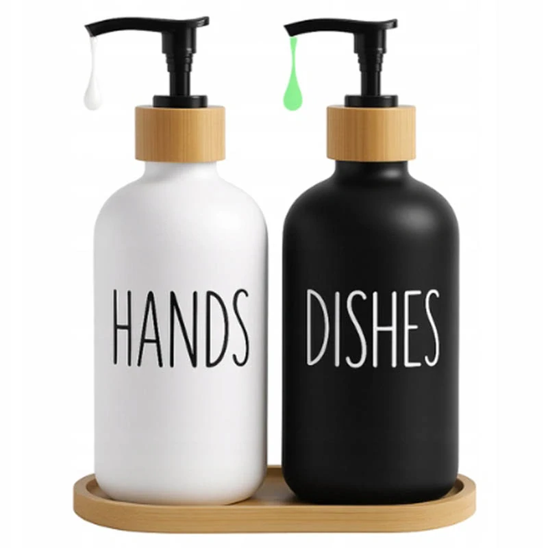Kuchynské sklenené dávkovače na mydlo a čistiaci prostriedok s bambusovou táckou