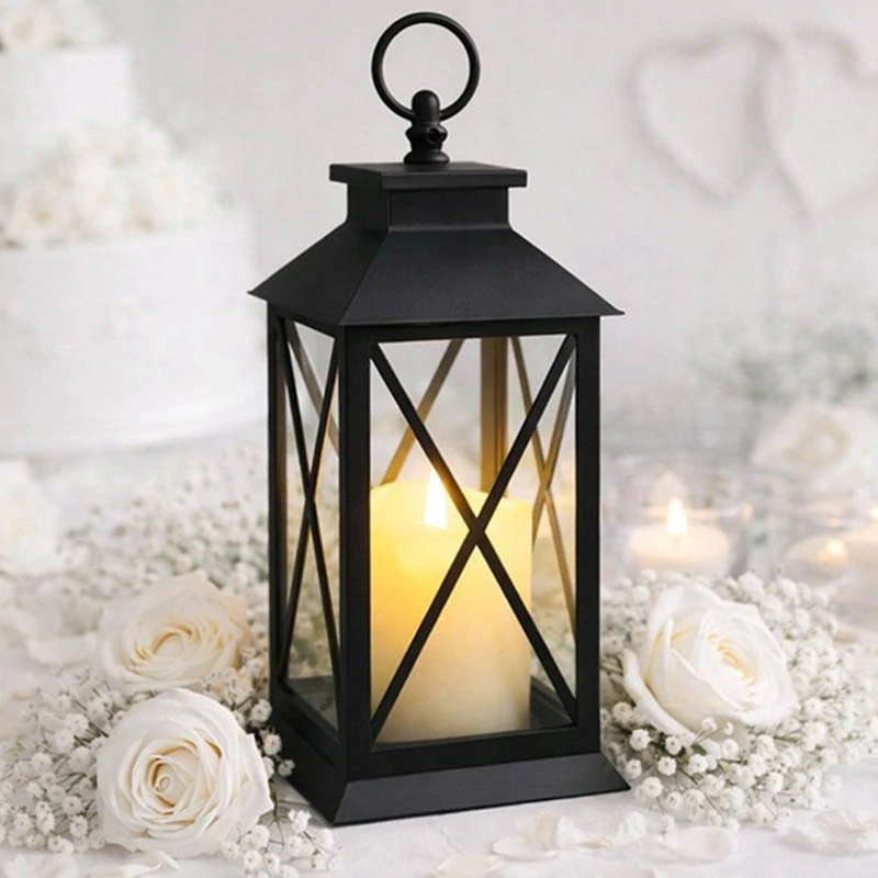 Dekoratívny LED lampáš s elektrickou sviečkou na batérie čierny