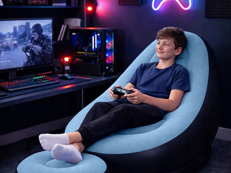 Nafukovacie záhradné kreslo s podnožkou modré