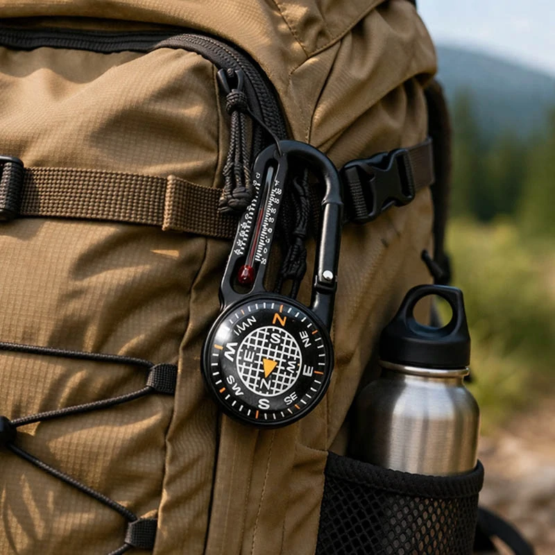 Kompas s karabínou a teplomerom